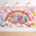 Macaron rainbow birthday photography backdrop with 3D Happy Birthday text and balloons - Macaron Rainbow (SBJ-001) / 95x75cm