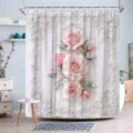 Eleganter Duschvorhang mit 3D-Rosa-Rosen und weißer Spitze für die Badezimmerdekoration - Rosa Rose und Spitzenmuster / Einzelner Duschvorhang 90x180cm