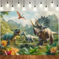 Vibrant Jurassic dinosaur jungle photography backdrop for children's birthday party decor - Dinosaur Jungle (SBJ-002) / 95x75cm