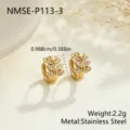 Detail view of small stainless steel gold plated leaf hoop earrings with cz stones - Leaf Style (NMSE-P113-3) / 18K Gold