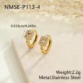 Close-up detail of gold stainless steel hoop earrings with crystal paved geometric charms. - Geometric Square Style (NMSE-P113-4) / 18K Gold