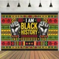 Black History Month photography backdrop with raised fist silhouette and African patterns - 95x75cm