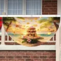 Sunset beach themed fan-shaped decorative banner for summer outdoor party decoration - Flat Style / 37.5x75cm (Flat Style)
