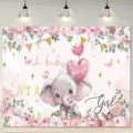 Pink baby shower backdrop with elephant print and "It's a Girl" text for party decor. - 95x75cm