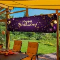 Luxury purple and gold Happy Birthday banner with balloons and stars for outdoor party - Purple Gold Banner / 30x120cm