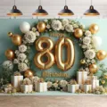 Toile de fond photo luxe 80e anniversaire avec ballons dorés et arche florale - 180x120cm (YD-BJB281)