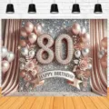 Toile de fond photo pour 80e anniversaire or rose avec ballons fleurs et paillettes - 180x120cm (YD-BJB237)