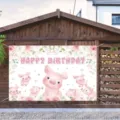 Pink cute pig birthday backdrop with floral patterns for kids party decoration banner - 95x75cm