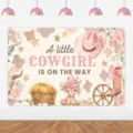 Sfondo fotografico baby shower cowgirl rosa con simpatica mucca e fiori - 95x75cm