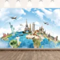 World travel theme backdrop featuring famous landmarks on globe map for party decoration - 95x75cm