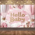 Pink baby shower photography backdrop with hot air balloon and cute teddy bear design - 95x75cm