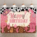 Banner sfondo fotografia compleanno cowgirl rosa con stampa mucca e cactus per feste. - Tema Cappello da Cowboy Cactus Rosa (SBJ-002) / 95x75cm