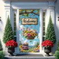 Decoratieve voorjaar deurhoes met bloemenmand en tuinlandschap voor de entree van huis - 90x180cm / Welkom Pastorale Bloemenmand (ML-004)