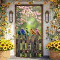 Kleurrijke lente deurafdekking met vogels op een hek en prachtige bloemendecoraties - 90x180cm / Vijf Vogels en Kersenbloesems (ML-001)
