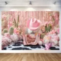 Toile de fond de photographie de cowboy western rose decoration de fete impression vache - Thème Chapeau de Cowboy Boule à Facettes Fleurs Rose (SBJ-008)
