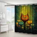 Lebhafter Duschvorhang mit abstraktem Katzen-Thema für moderne Badezimmerdekoration - Einzelner Duschvorhang 90x180cm / Wirbelkatze Gelb Grün (YL-004)