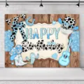 Toile de fond photographie anniversaire cowboy bleu avec motif vache pour enfants. - Thème Cowboy Bleu et Blanc (SBJ-009)