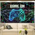 Φόντο φωτογραφίας με θέμα gaming, χειριστήριο νέον και σχέδιο με τούβλα για πάρτι - SBJ-009