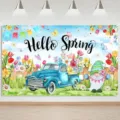 Colorful Hello Spring floral backdrop featuring a vintage blue truck and gnome - SBJ-001 / 95x75cm