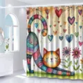 Vibrant cartoon cat and heart print shower curtain for modern bathroom decor - Colorful Cat / Single Shower Curtain 90x180cm