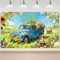 Hello Spring theme photography backdrop with floral blue truck and garden gnomes - SBJ-002 / 95x75cm
