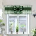 Green checkered window valance with a large decorative satin bow for kitchen decor - Dark Green Gingham (CM-006)