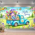 Vibrant Hello Spring photography backdrop featuring gnome on flower truck for party - SBJ-003 / 95x75cm
