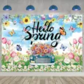 Hello Spring photography backdrop with vintage floral truck and colorful butterflies - SBJ-004 / 95x75cm / Colorful