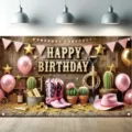 Toile de fond photo anniversaire cowboy vintage avec bottes roses et décors de fête. - Thème Bottes de Cowboy Grain de Bois Rétro (SBJ-006)