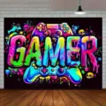 Πολύχρωμο φόντο νέον Gamer για διακόσμηση πάρτι παιχνιδιών και φωτογραφία γενεθλίων - Στυλ Εκτύπωσης Neon Κονσόλας Παιχνιδιών (SBJ-004) / 95x75cm