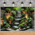 Waterfall garden photography backdrop featuring lush greenery and natural landscape scene - 95x75cm / SBJ-009