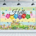 Hello Spring photography backdrop with colorful floral truck, garden flowers and butterflies - Spring Party Gnome Truck Style (SBJ-005) / 95x75cm