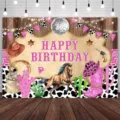 Toile de fond de photographie d'anniversaire western rose motif vaches décoration - Thème Cowboy Imprimé Vache Rose (SBJ-010)