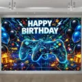 Φόντο πάρτι γενεθλίων με θέμα neon gaming και πολύχρωμα γραφικά χειριστηρίου παιχνιδιών - Νέο Θέμα Παιχνιδιού (SBJ-008)