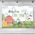 Toile de fond de photographie d'anniversaire sur le thème de la ferme avec joli design de vache. - Thème Ferme Aquarelle (SBJ-011)