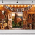 Fond de photo de cow-boy western rustique pour fête d'anniversaire d'enfants et décorations. - Style Anniversaire Porte en Bois Cheval (SBJ-013)