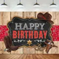 Toile de Fond Photographie Anniversaire Cowboy Vintage Décoration Bois Fête Thème - Style Tableau Noir Cowboy Occidental Rétro (SBJ-014)