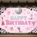 Fond de photographie d'anniversaire disco cowboy rose, variante déco motif vaches. - Thème Cowboy Disco Rétro Rose (SBJ-015)