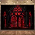 Gothic red and black stained glass window photography backdrop for horror party decor - 95x75cm / Red & Black