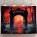 Gothic horror Welcome to Hell gate photography backdrop for Halloween party decoration. - Red and Black Door Style (SBJ-002) / 95x75cm / Red & Black