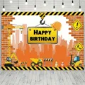 Sfondo fotografico di compleanno cantiere cartone animato con escavatori e gru - Tema Cantiere Edile a Fumetti (SBJ-003) / 95x75cm
