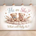 Hübscher Fotohintergrund für Babypartys mit süßen Teddybären und stimmungsvoller Deko. - Cartoon Teddybär Rosenblumenwand Stil (SBJ-007)