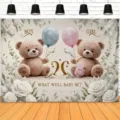Gender Reveal Fotohintergrund mit süßen Teddybären, Luftballons und Rosen Dekoration. - Cartoon Teddybär Blumen Stil (SBJ-009)
