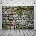 Realistic vintage stone wall photography backdrop cloth for studio portrait shoots - Green Plant Moss Stone Wall Style (SBJ-006) / 95x75cm