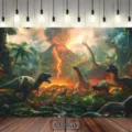 Vibrant 2D flat dinosaur jungle photography backdrop for children's party decoration - Dinosaur Volcano (SBJ-006)