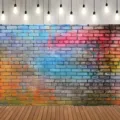 Professional colorful vintage brick wall photography backdrop with wooden floor pattern detail - Multicolor Brick Wall (SBJ-001) / 95x75cm