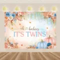 Telón de fondo de fotografía de baby shower de gemelos con flores y calabaza - Estilo Calabaza de Acuarela para Mellizos (SBJ-003) / 95x75cm