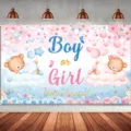 Süßer Teddybär Geschlechterenthüllung Hintergrund Stoff für Babyparty Fotografie Dekoration. - Rosa Blau Teddybär Typografie Stil (SBJ-005)