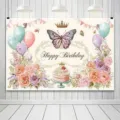 Fondo de cumpleaños flores acuarela retro con mariposas y elementos decorativos de pastel - 95x75cm