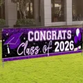 Purple Class of 2026 graduation banner with glitter stars and graduation cap design. - Purple Design (SHF-002) / 30x120cm